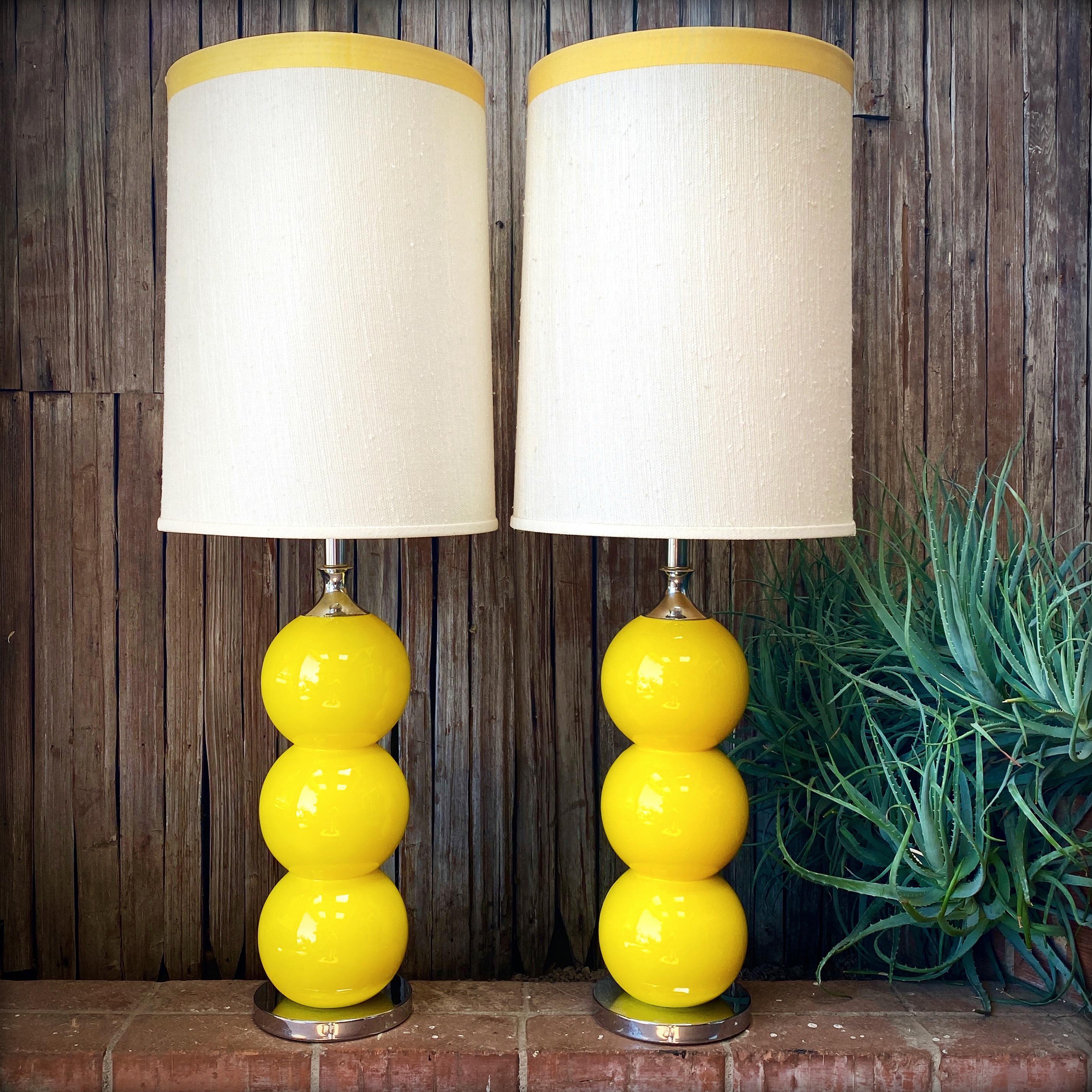 Pair of Mid-Century Ceramic Yellow Lamps with Original Shades